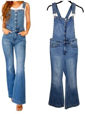 Judy Blue Flare Denim Overalls Size Large Button Front Normcore Artsy Western